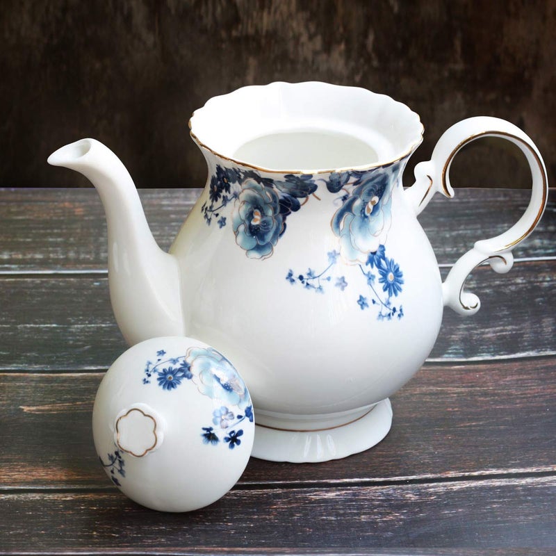 Jomop European Style Ceramic Flower Teapot Coffee Pot Water Pot Porcelain Gift Large 5.5 Cups (1, Blue and White) - Image 3
